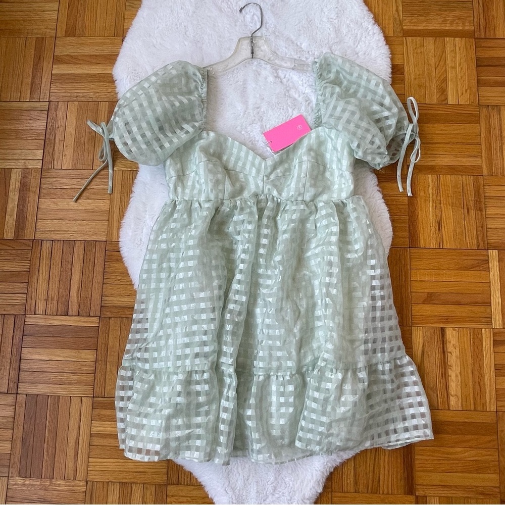 AMANDA UPRICHARD Mint Gingham Puff Sleeve Mini Dress - Size Large - Picture 6 of 9